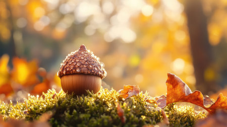 A serene close-up of a charming acorn resting on a mossy surface, surrounded by vibrant autumn leaves, illuminated by soft, golden sunlight.の素材