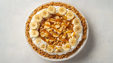 A mouthwatering banana cream pie featuring a creamy filling, topped with whipped cream, banana slices, and drizzled caramel on a crunchy crust.の素材