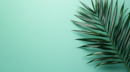 A vibrant green palm leaf is elegantly positioned on a soft mint background, creating a serene and fresh aesthetic, perfect for design projects.の素材