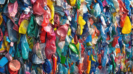 A vibrant collection of recycled plastic waste showcases a colorful mix of materials. This image highlights the importance of recycling and environmental awareness.の素材