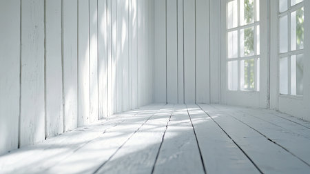 A serene and bright interior room with white walls and wooden floor. Soft natural light filters through windows, creating a peaceful atmosphere. Perfect for minimalist design projects.の素材