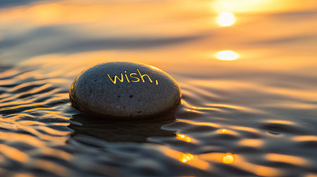 A tranquil river stone featuring the word "wish" beautifully illuminated by a warm sunset glow. This serene image captures the essence of hope and inspiration in nature.の素材