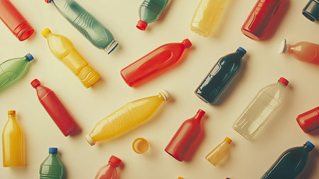 A vibrant array of colorful plastic bottles filled with various beverages, arranged artfully on a flat surface. Ideal for cheerful summer themes.の素材