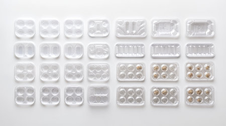 A collection of clear plastic packaging arranged in a grid, ideal for food items. This modern display highlights the design and utility of transparent containers.の素材