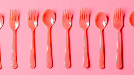 A vibrant arrangement of pink plastic cutlery including forks and spoons set against a bold pink backdrop, perfect for playful dining or party themes.の素材