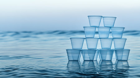 A serene image showcasing stacked blue cups on a smooth water surface, reflecting light. Perfect for conveying themes of tranquility, minimalism, and modern design.の素材