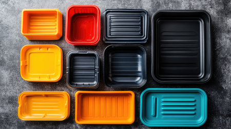 This image features an array of colorful plastic storage containers in various sizes arranged on a dark surface. Ideal for showcasing organization and modern kitchen aesthetics.の素材