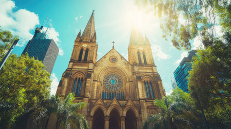 A stunning view of a historic church bathed in bright sunlight, surrounded by lush greenery and modern city structures, showcasing architectural beauty.の素材