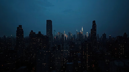 A stunning view of a city skyline at night, showcasing illuminated buildings against a dark, serene backdrop. Perfect for urban photography themes.の素材