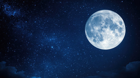A beautiful full moon shines brightly in a tranquil night sky filled with stars, creating a serene and peaceful atmosphere perfect for contemplation.の素材