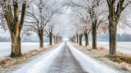 A tranquil winter road lined with frost-covered trees leads into a serene snowy landscape, capturing the beauty of a peaceful season.の素材