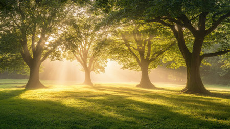 A tranquil grove featuring lush green trees illuminated by soft sunlight rays. This serene landscape captures the essence of nature's beauty and peace.の素材