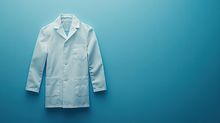 A clean white lab coat displayed against a blue background, symbolizing professionalism in medical and scientific fields. Ideal for healthcare themes.の素材