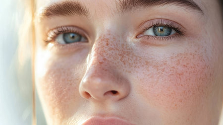 This close-up portrait features a young woman with striking blue eyes and lovely freckles, highlighting natural beauty and serenity. Perfect for beauty-related themes.の素材