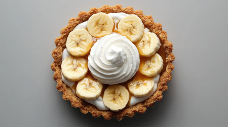 A visually appealing banana cream pie topped with fresh banana slices and whipped cream. Perfect for dessert lovers and ideal for various occasions.の素材