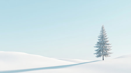 A serene winter landscape featuring a solitary tree amidst vast snow-covered hills. The gentle blue sky complements the tranquil scene, evoking calmness.の素材