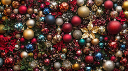 A vibrant display of assorted Christmas ornaments featuring red, gold, and green hues, perfect for holiday decorations and seasonal celebrations.の素材