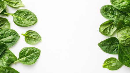 Fresh green spinach leaves arranged on a clean white background, perfect for healthy food concepts, vegetarian recipes, and nutritious meal preparation.の素材