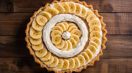 A delightful banana cream pie topped with fresh banana slices and whipped cream, beautifully arranged on a rustic wooden table, perfect for any occasion.の素材