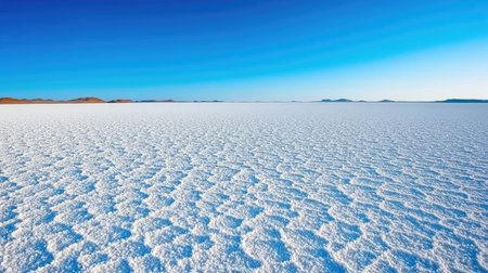 A stunning view of a vast white salt flat beneath a clear blue sky, showcasing textures and patterns of the dry landscape. Ideal for travel and nature themes.の素材