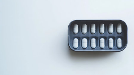 A sleek weekly pill organizer holding medication tablets on a clean surface. Perfect for daily health management and medication adherence.の素材