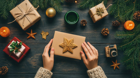 Hands holding a beautifully wrapped gift box surrounded by festive decorations, candles, and pine. Perfect scene for holiday celebrations and gift-giving moments.の素材