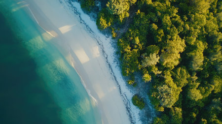 A breathtaking aerial view captures the harmony of a tropical beach meeting lush green forest, showcasing tranquil waters, pristine sand, and vibrant nature.の素材