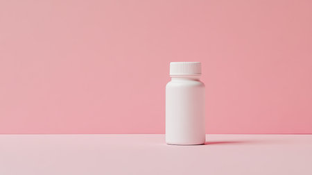 A simple white bottle stands on a soft pink background, showcasing minimalistic design. Ideal for product mockups, beauty and healthcare themes.の素材