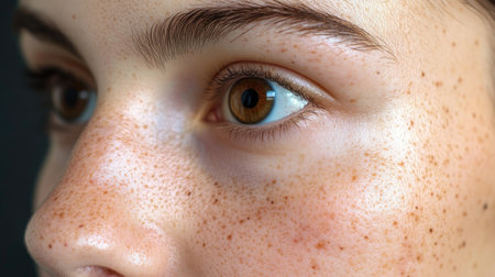This close-up image highlights a young person's freckled skin and warm brown eye. The natural beauty and textures evoke a sense of calm and intimacy.の素材