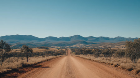 A serene dirt road stretches into the distance, framed by majestic mountains under a clear blue sky. Perfect for travel, exploration, and nature photography.の素材