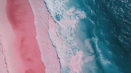 An aerial view showcasing the stunning contrast of pink sands and blue ocean waves, creating a vibrant and serene coastal scene perfect for any travel or nature project.の素材