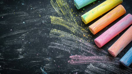 Brightly colored chalk pieces lay on a black surface, creating vibrant patterns and textures. Ideal for educational and creative projects focusing on art and fun.の素材