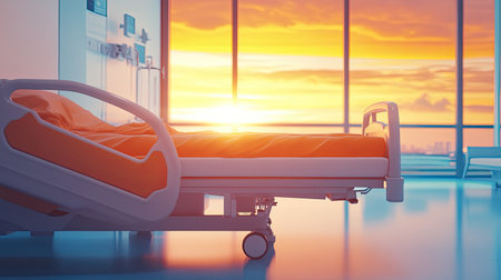 A serene hospital room with an empty bed, illuminated by a warm sunrise. The soft orange light and modern design create a peaceful atmosphere, ideal for healing and recovery.の素材