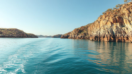 Capture the tranquility of a pristine coastal landscape featuring serene waters, colorful cliffs, and a clear sky. Perfect for adventure and travel themes.の素材