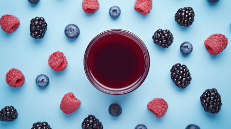 A vibrant glass of fruit juice surrounded by fresh berries on a bright blue background. Perfect for summer themes, healthy lifestyles, or refreshing beverages.の素材