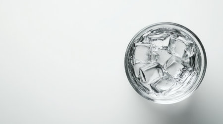 A clear glass filled with ice cubes and refreshing water, set against a minimalistic white background, perfect for thirst-quenching or beverage concepts.の素材