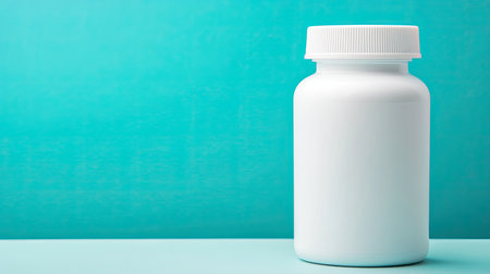 A clean, white bottle stands against a vibrant turquoise background, ideal for showcasing various product designs, labels, or health-related themes.の素材