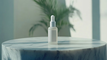 A stylish serum bottle with a dropper sits on a marble surface, creating a serene and minimalist ambiance. Ideal for beauty and skincare themes.の素材