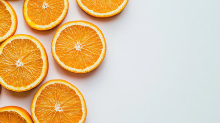 Vibrant and fresh orange slices arranged on a light background. Perfect for health, diet, and food concepts. Ideal for use in culinary and lifestyle designs.の素材