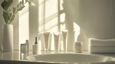 A serene bathroom scene featuring elegant skincare products arranged neatly in soft lighting. Perfect for health and beauty themes, this image conveys freshness and relaxation.の素材