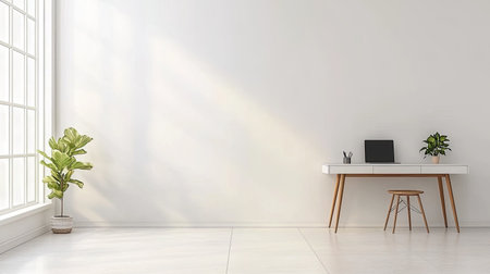 This minimalist office space features a bright, airy design with natural light streaming through large windows and greenery for a refreshing atmosphere.の素材