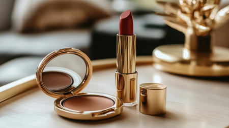 A close-up of elegant makeup products showcasing a red lipstick and blush compact on a stylish table, perfect for beauty enthusiasts and cosmetic displays.の素材