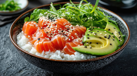 A vibrant sushi bowl featuring fresh salmon, creamy avocado, and greens, topped with sesame seeds. Perfect for a healthy and delicious meal.の素材