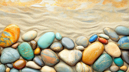 A vibrant collection of colorful pebbles resting on a sandy shoreline, showcasing the beauty of nature and outdoor tranquility, perfect for relaxation themes.の素材