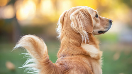 A golden retriever is seen in profile, gazing thoughtfully into the distance. The warm sunlight highlights its beautiful fur, creating a peaceful atmosphere.の素材