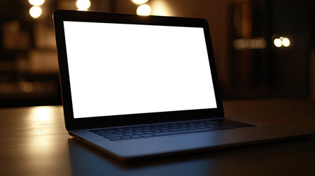 A sleek laptop with a blank screen sits on a table in a dimly lit room. Perfect for digital mockups, presentations, or creative projects.の素材