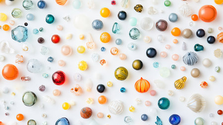 A vibrant display of various decorative glass ornaments showcasing a colorful array of shapes and textures, perfect for artistic projects and inspiration.の素材