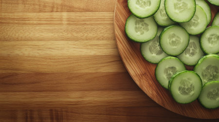 Vibrant green cucumber slices arranged on a wooden plate, showcasing their fresh appearance. Ideal for food-related designs, recipes, and wellness themes.の素材