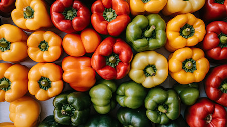 A stunning overhead view of vibrant assorted sweet peppers, showcasing a variety of colors and shapes that highlight freshness and healthy eating. Perfect for food photography.の素材