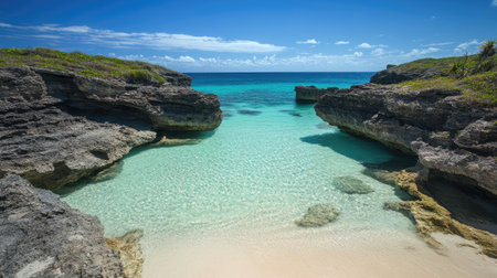 This stunning tropical cove features clear blue water surrounded by unique rock formations and soft sandy shores, perfect for relaxation and adventure.の素材
